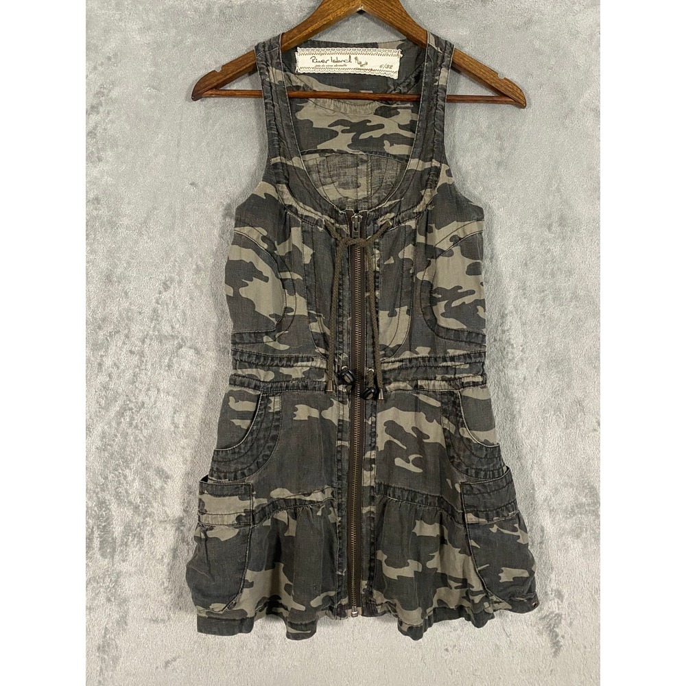 River Island Camo Vest Sz Small Green Utility Linen Zip Front Cargo Y2K Festival